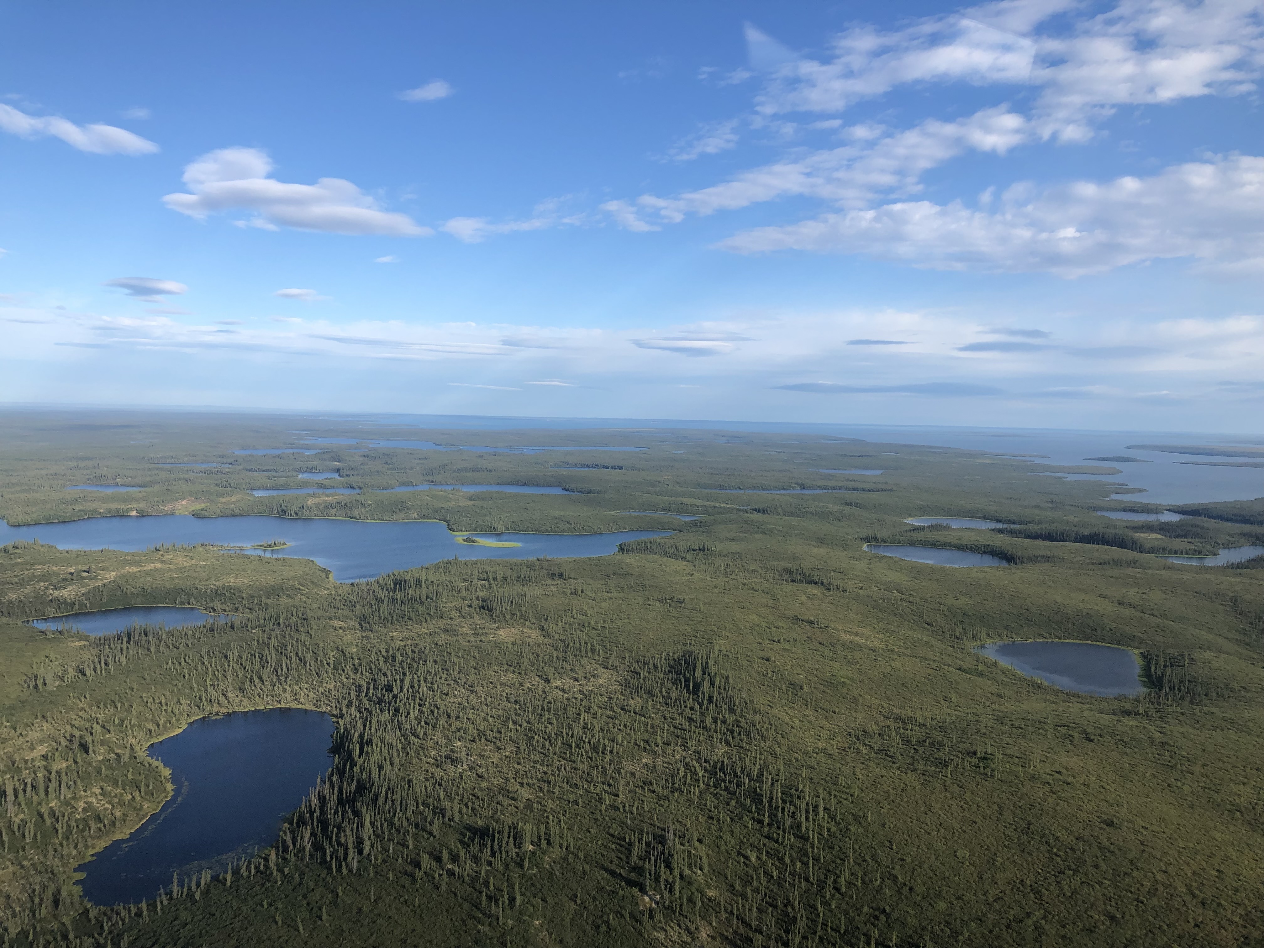 Flying over lakes in the Mackenzie Plain, NWT.